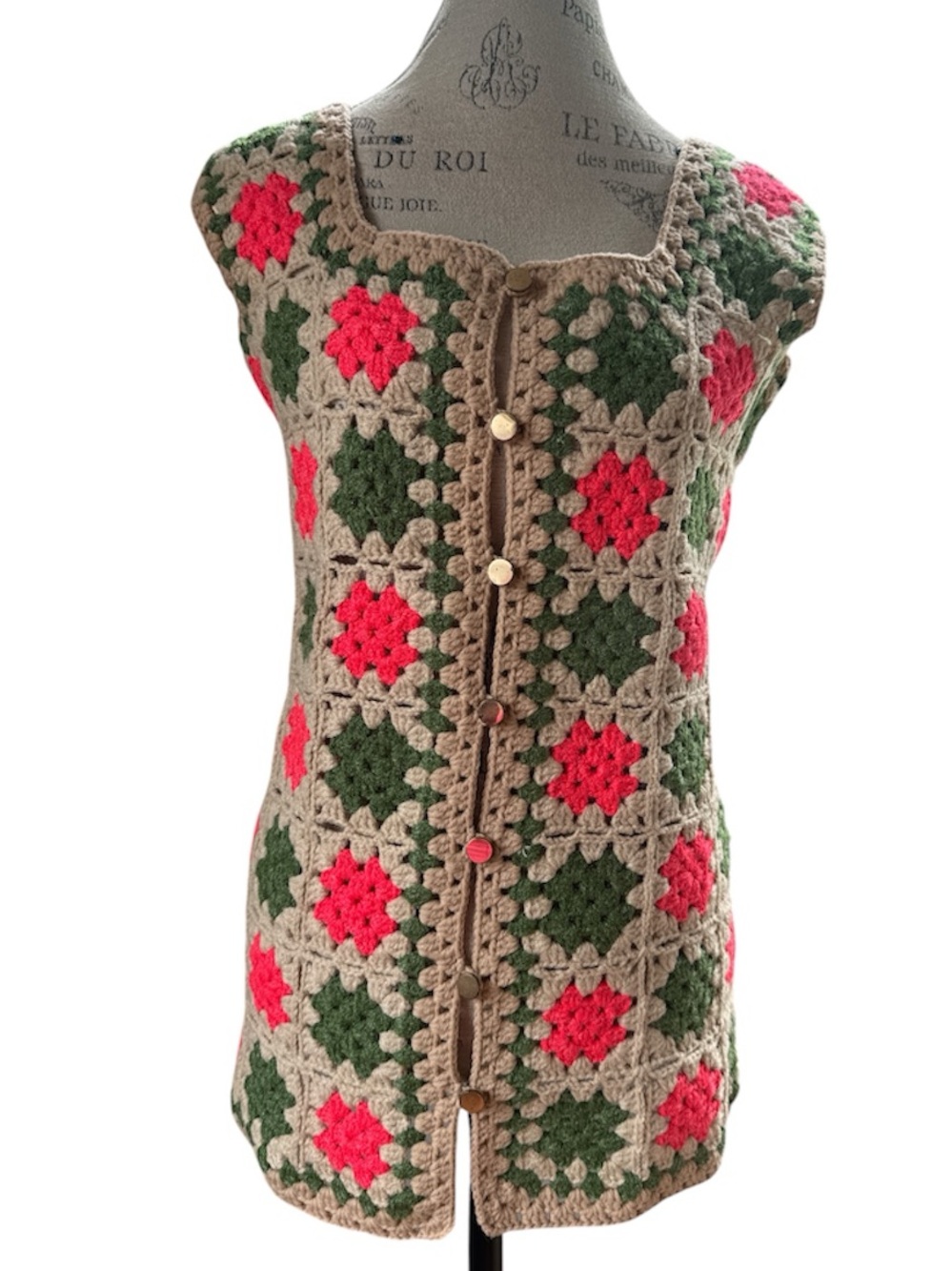 Vintage hand knit boho granny Square, long sweater vest, neon pink and green S/M - Picture 2 of 9